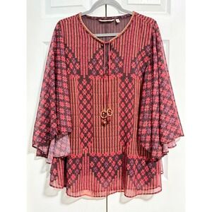 Soft Surroundings Burgundy Pink Floral Chiffon Tunic Bell Sleeve Blouse size Med